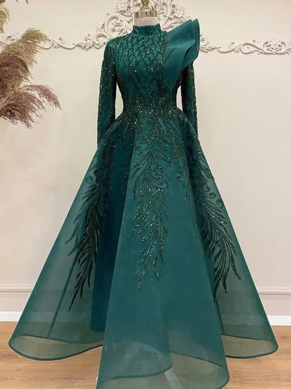 Dark Green Long Sleeve Evening Dress Modest Dresses