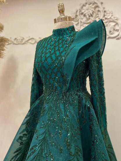 Dark Green Long Sleeve Evening Dress Modest Dresses