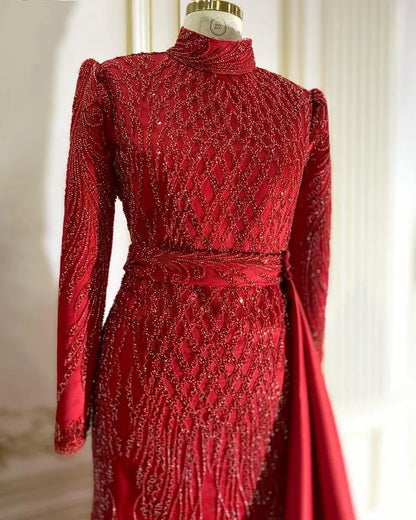 Red Evening Dress With Detachable Train