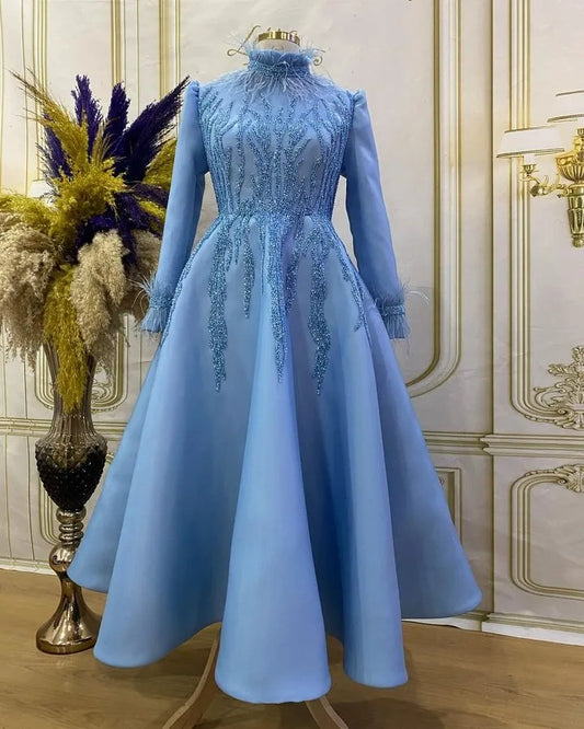 Sky Blue Modest Dresses Evening Dress