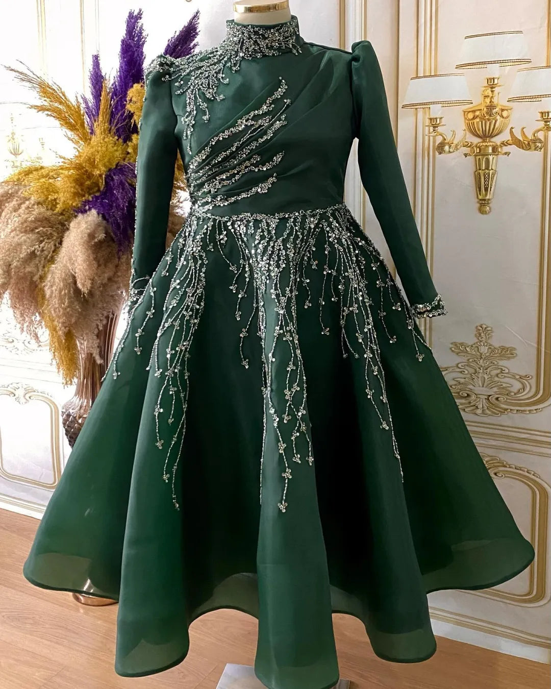 Dark Green Beaded Modest Dresses Evening Dress