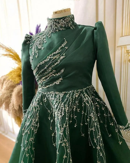 Dark Green Beaded Modest Dresses Evening Dress