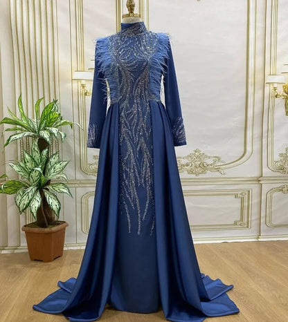 Blue Modest Dresses Feather Hijab Evening Dress