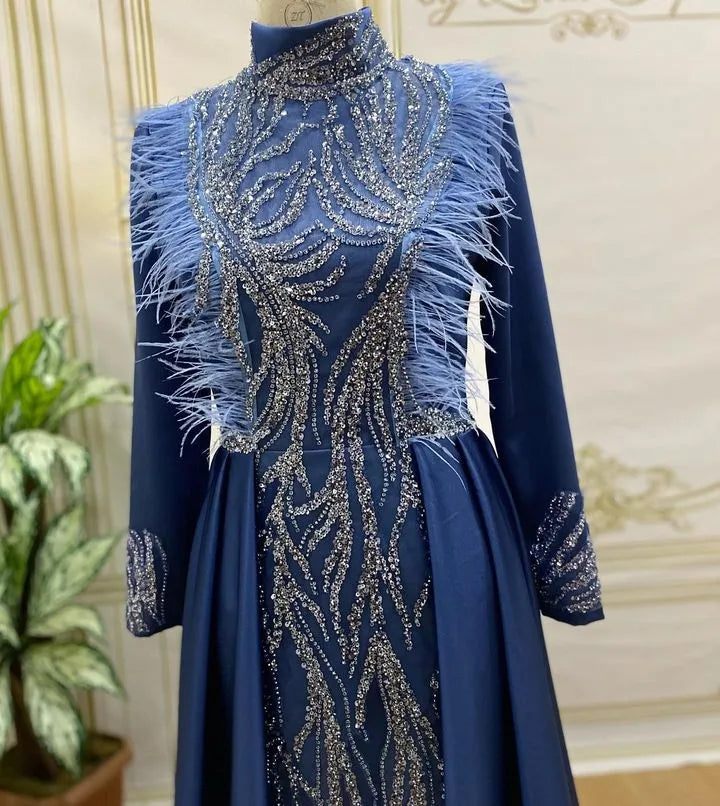 Blue Modest Dresses Feather Hijab Evening Dress