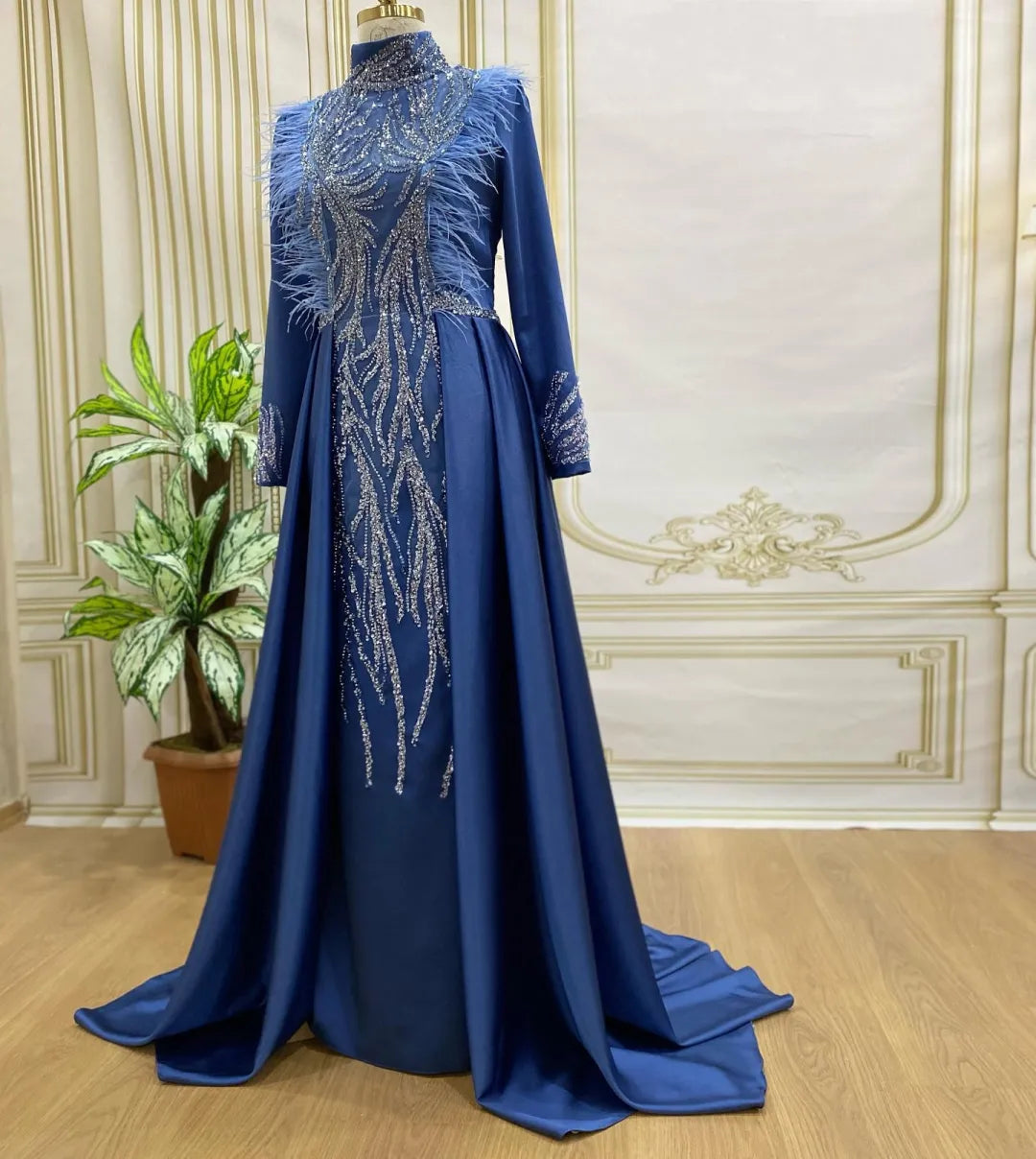 Blue Modest Dresses Feather Hijab Evening Dress