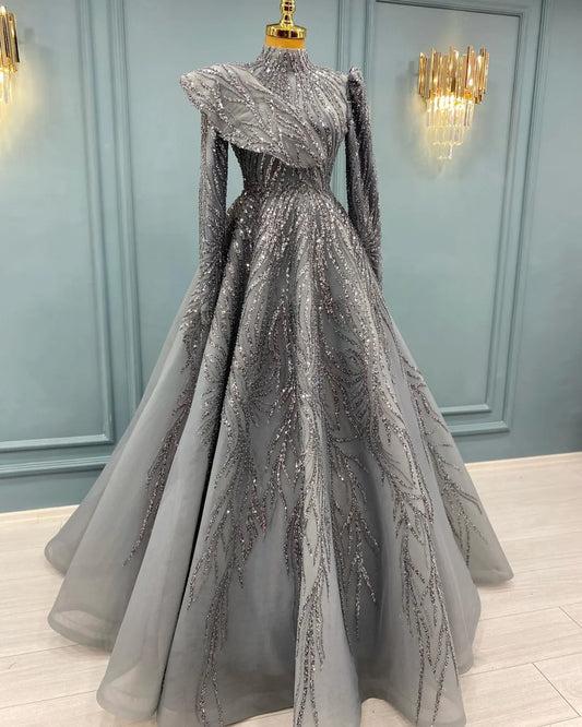 Grey Evening Dress Modest Dresses Abiye