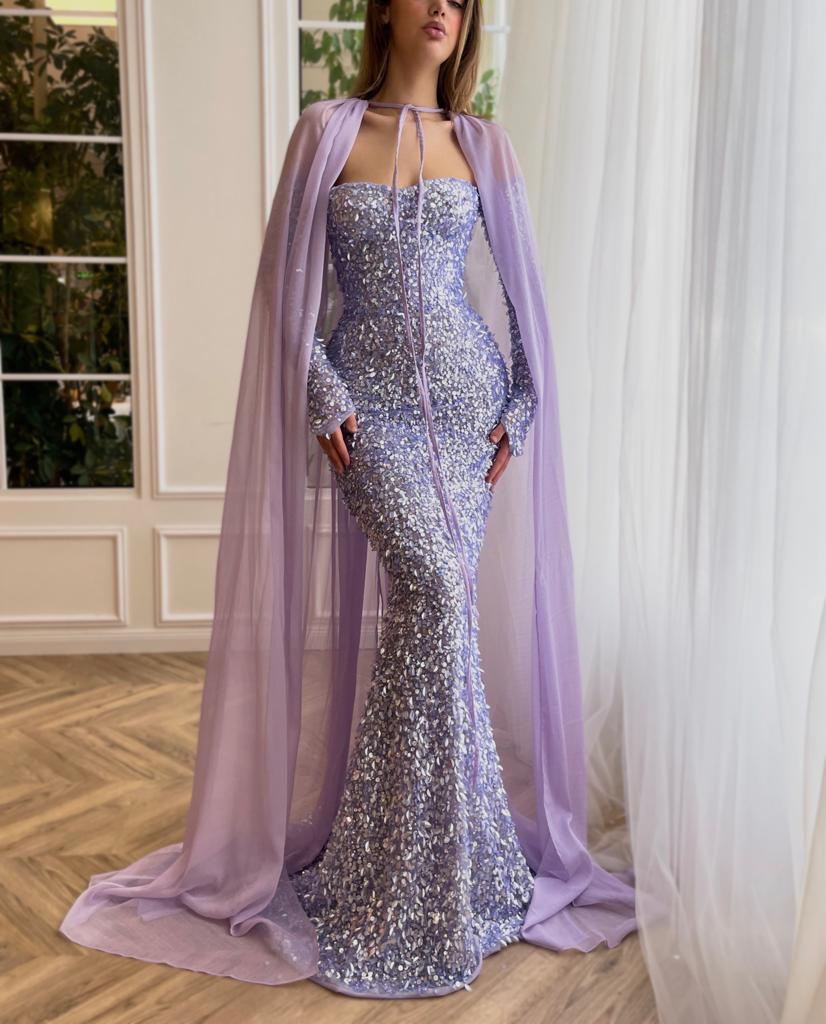 Luminous Lavender Mermaid Gown With Cape