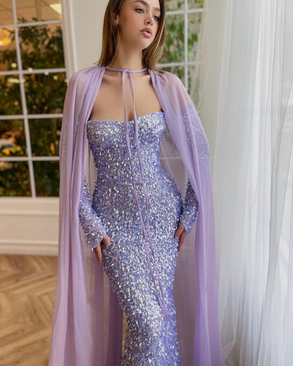 Luminous Lavender Mermaid Gown With Cape