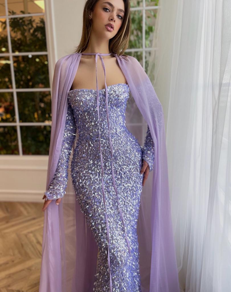 Luminous Lavender Mermaid Gown With Cape