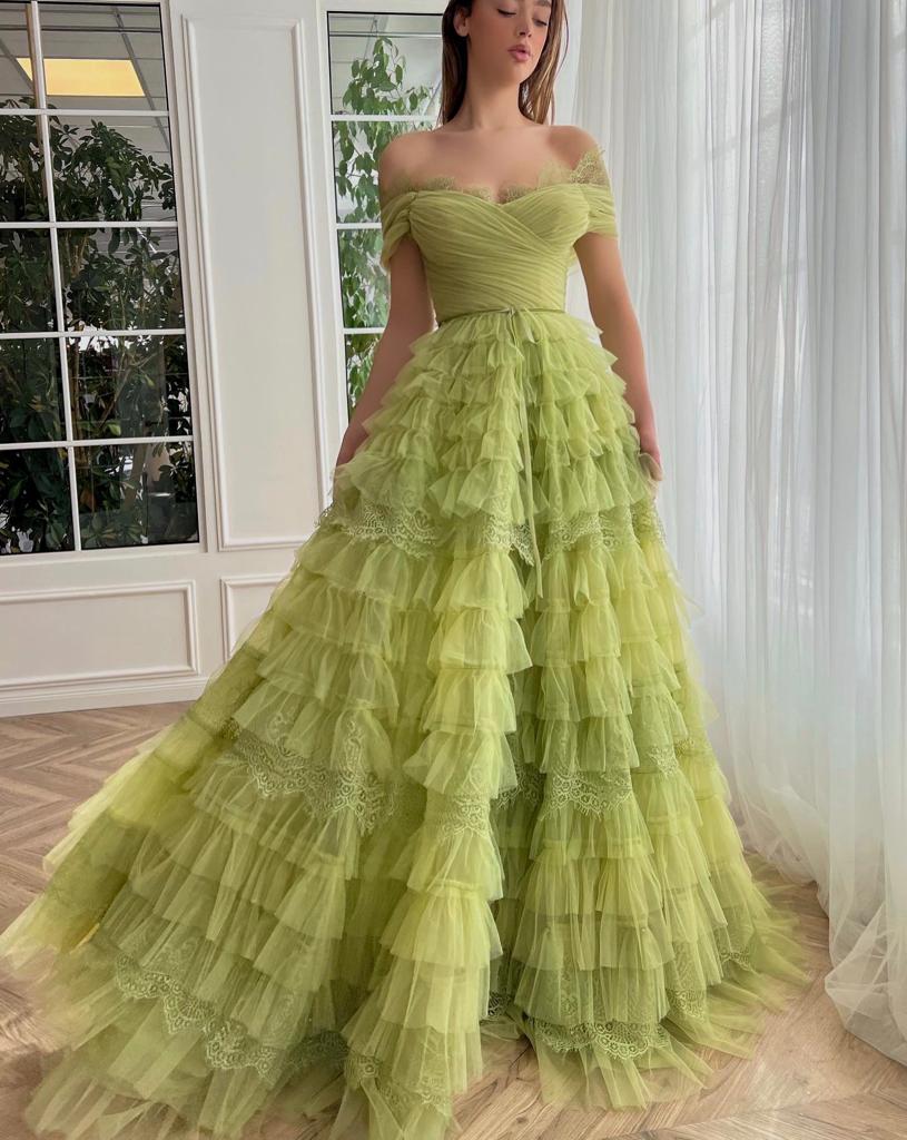 Off Shoulder Verdant Evening Gown