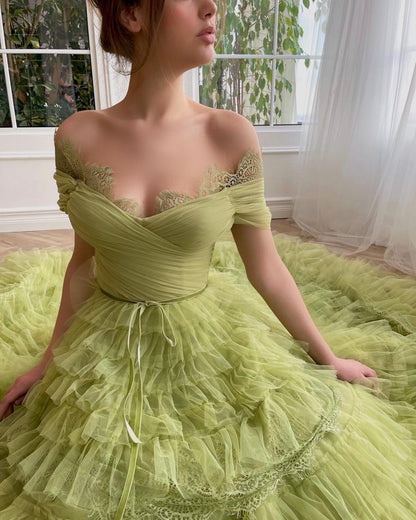 Off Shoulder Verdant Evening Gown