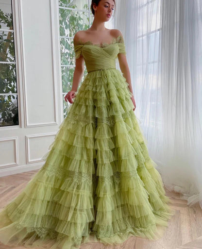 Off Shoulder Verdant Evening Gown