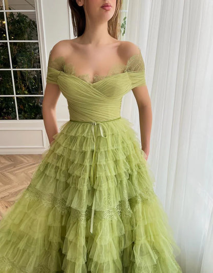 Off Shoulder Verdant Evening Gown