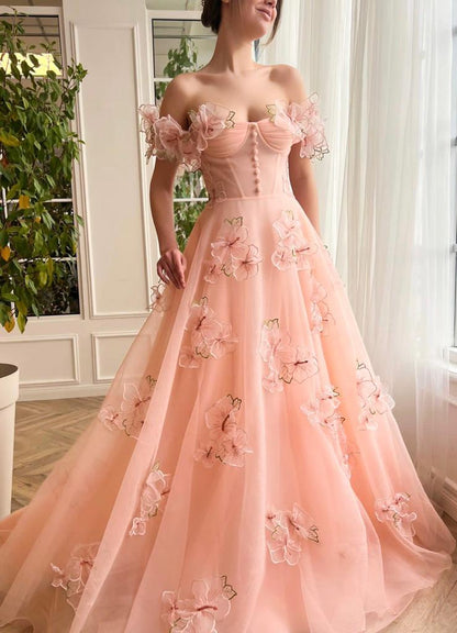 3D Flowers Peach Garden Evening Gown