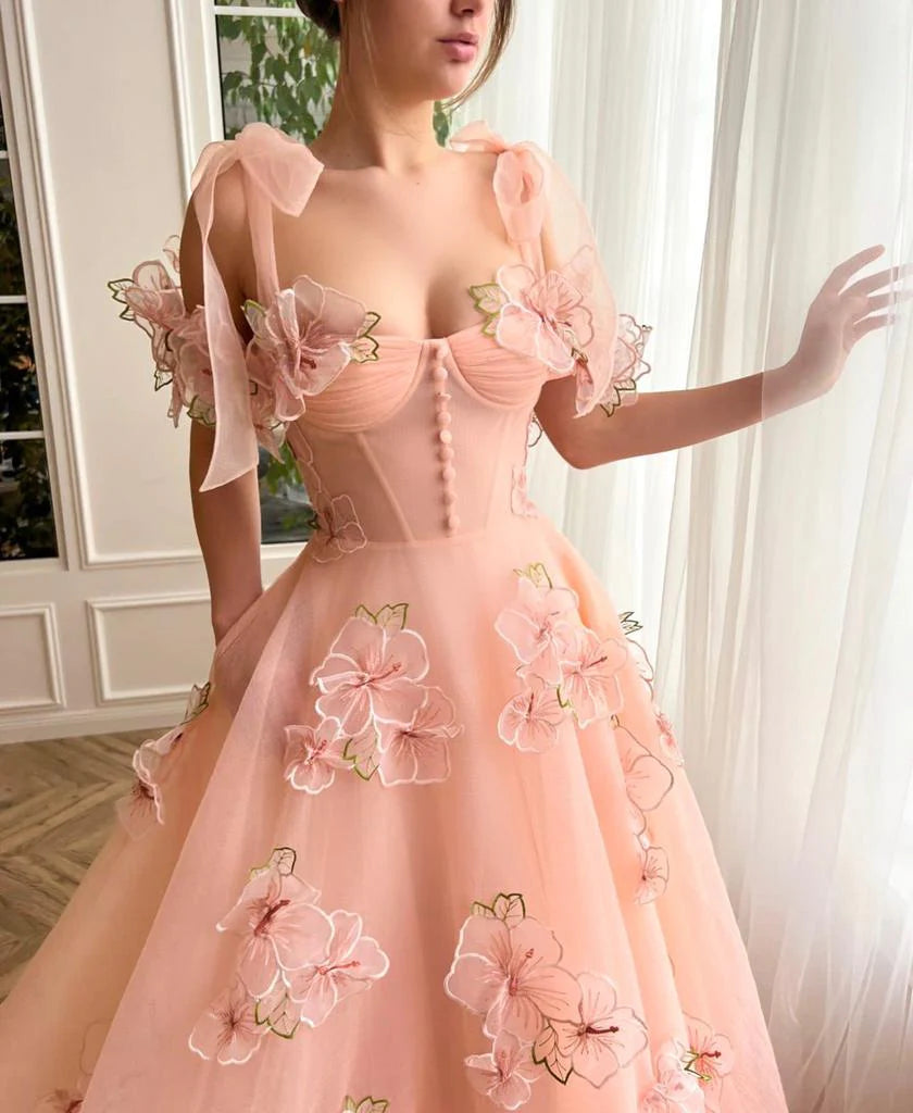 3D Flowers Peach Garden Evening Gown