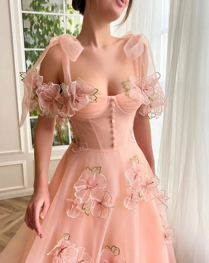 3D Flowers Peach Garden Evening Gown