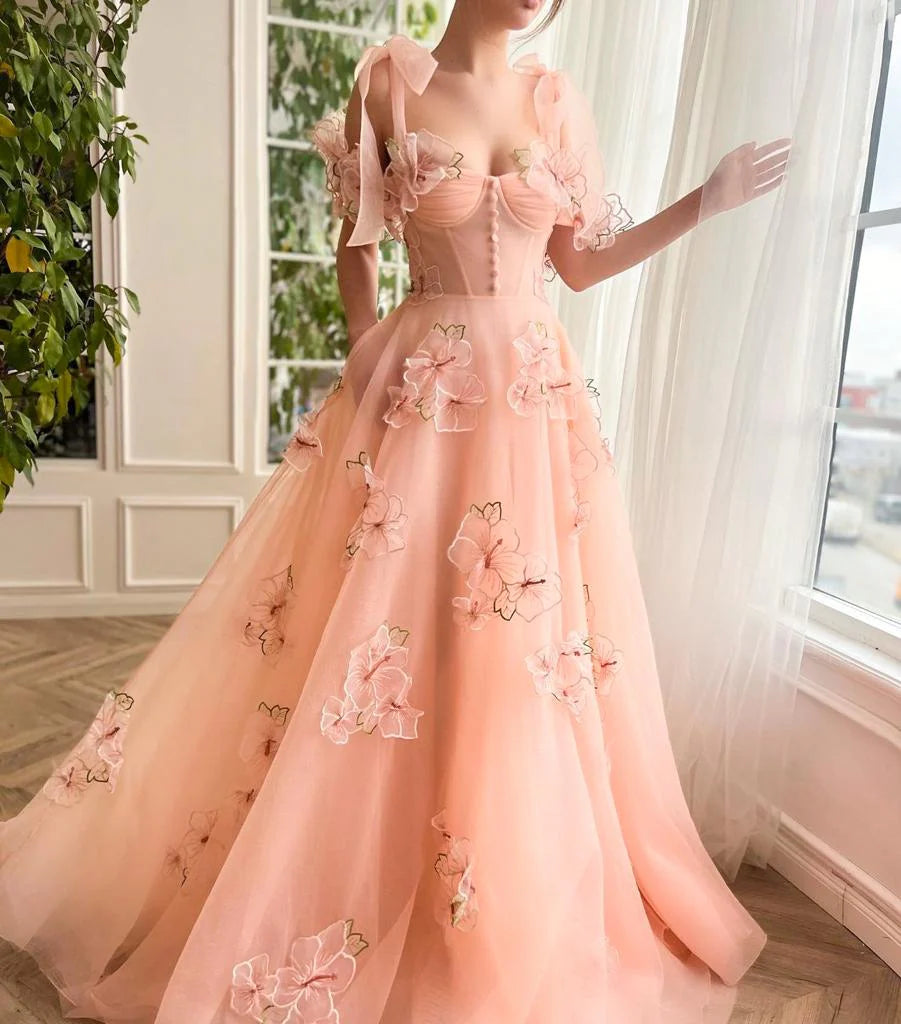 3D Flowers Peach Garden Evening Gown