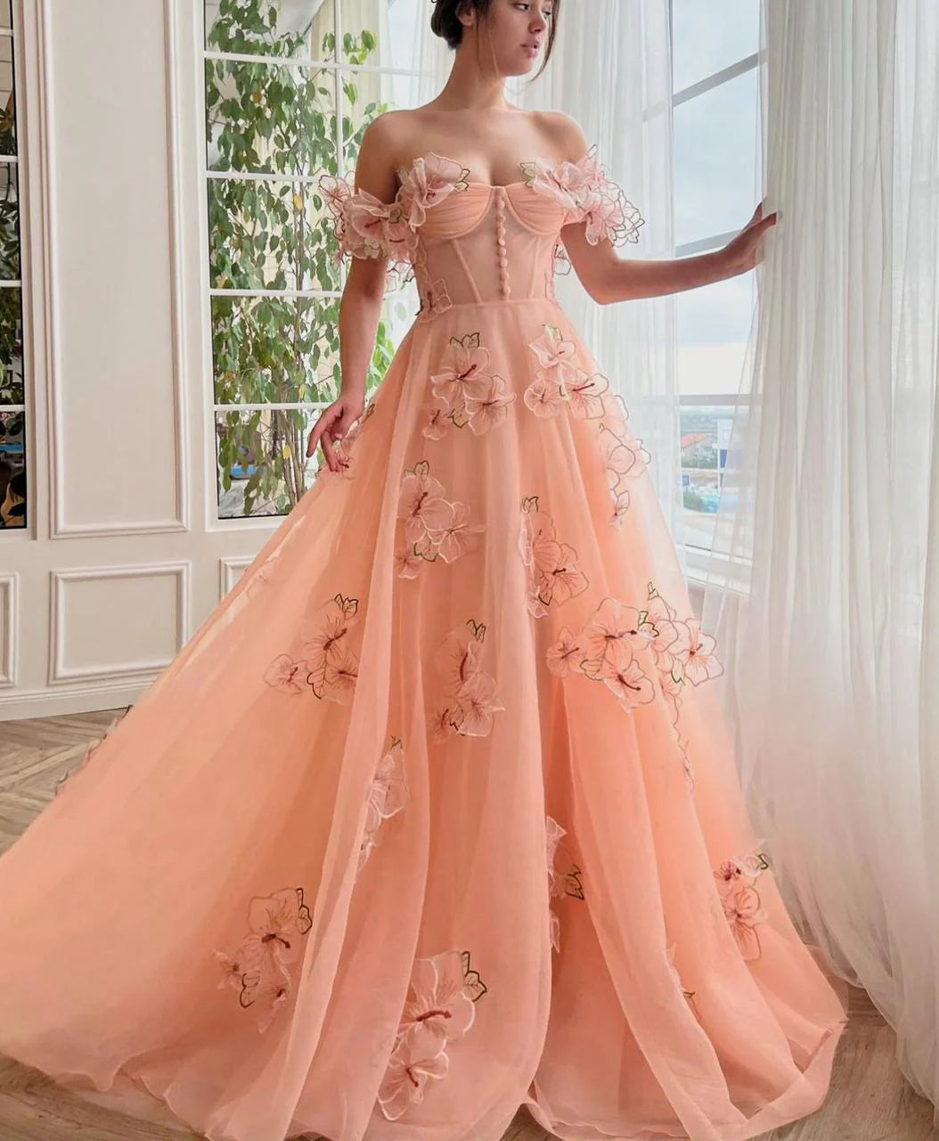 3D Flowers Peach Garden Evening Gown