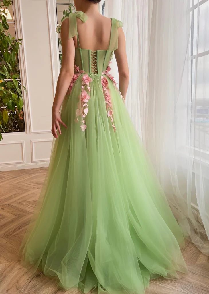 Green Floral Waltz Prom Gown