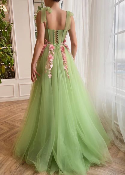 Green Floral Waltz Prom Gown