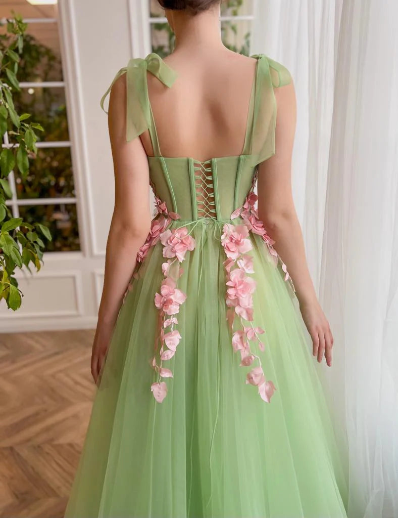 Green Floral Waltz Prom Gown