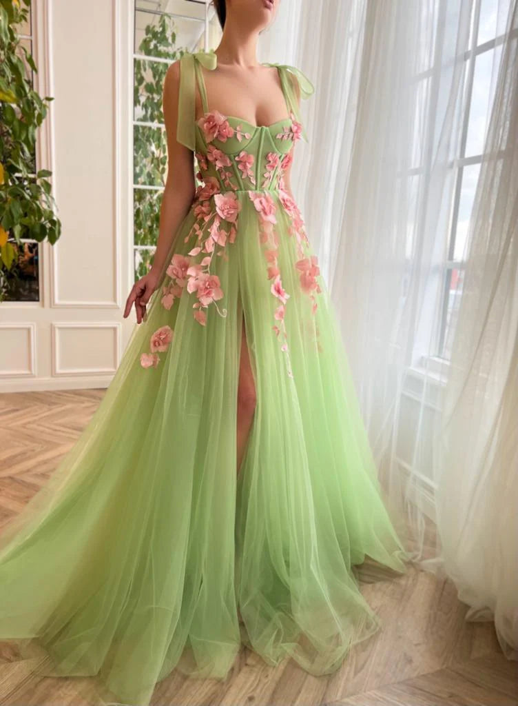 Green Floral Waltz Prom Gown