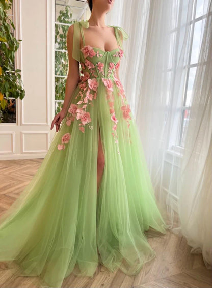 Green Floral Waltz Prom Gown