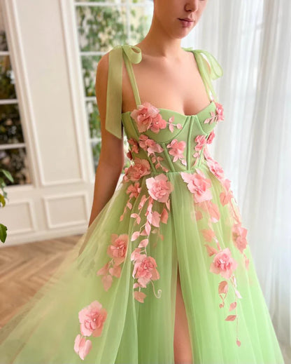 Green Floral Waltz Prom Gown