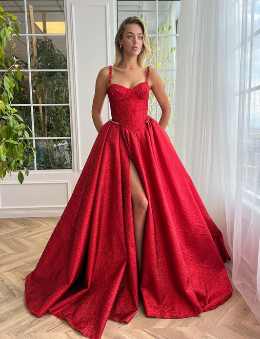 Ruby Luminescence Pleated Prom Gown